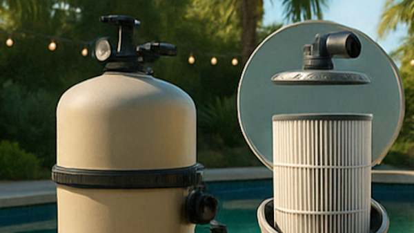 High performance DE filter housing next to open cartridge filter exposing clean pleated filter element for visual comparison in residential backyard pool environment.