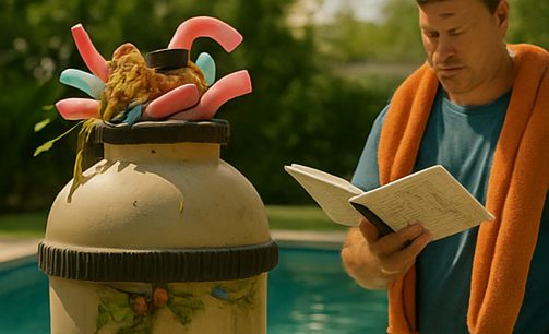 Handwriting pool filter pressure readings in a maintenance log book. 81851