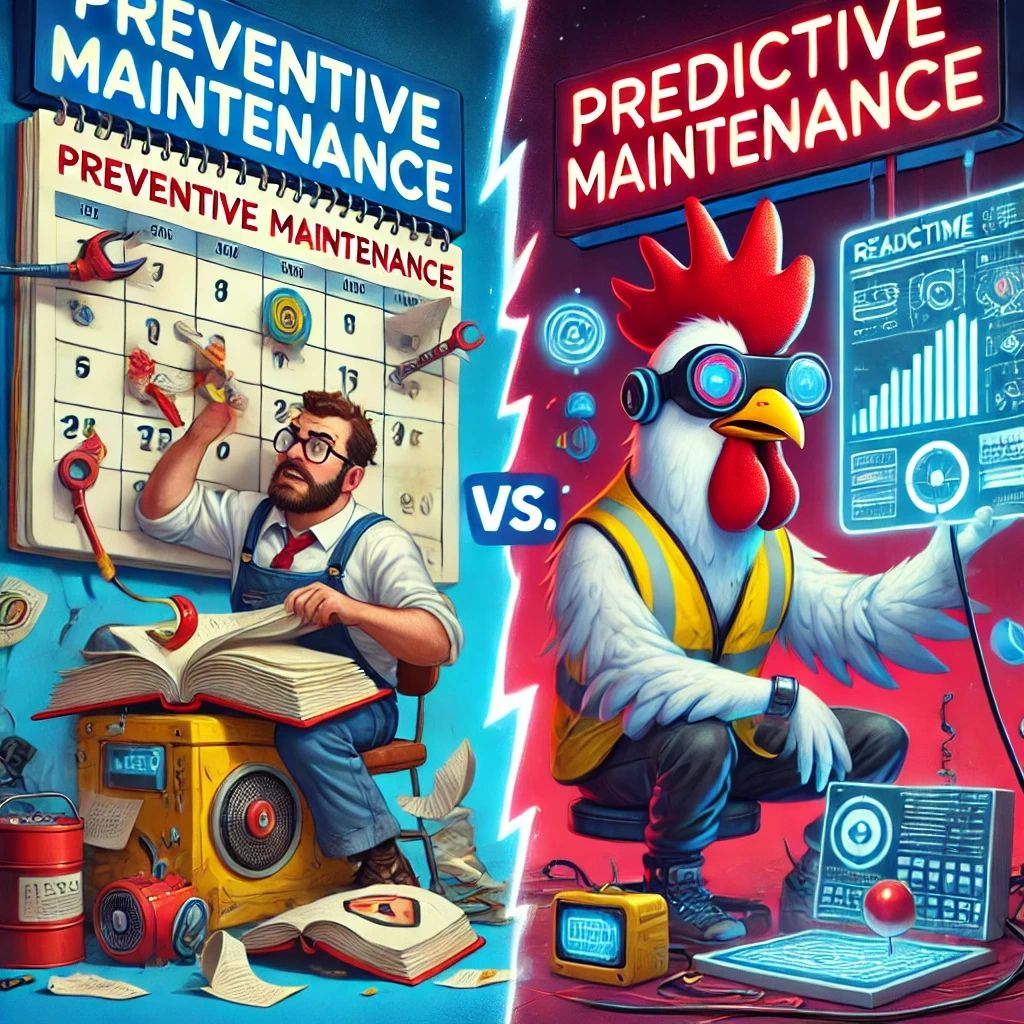 A split-screen scene compares Preventive vs. Predictive Maintenance. On the left, an overwhelmed technician flips through a thick log under a giant calendar labeled "Preventive Maintenance." On the right, a futuristic tech whiz easily monitors equipment on a sleek digital dashboard labeled "Predictive Maintenance." Rooster Ray, now sporting white feathers and futuristic glasses, winks and gives a confident thumbs-up from the predictive side. Bright colors and playful details make this scene pop!