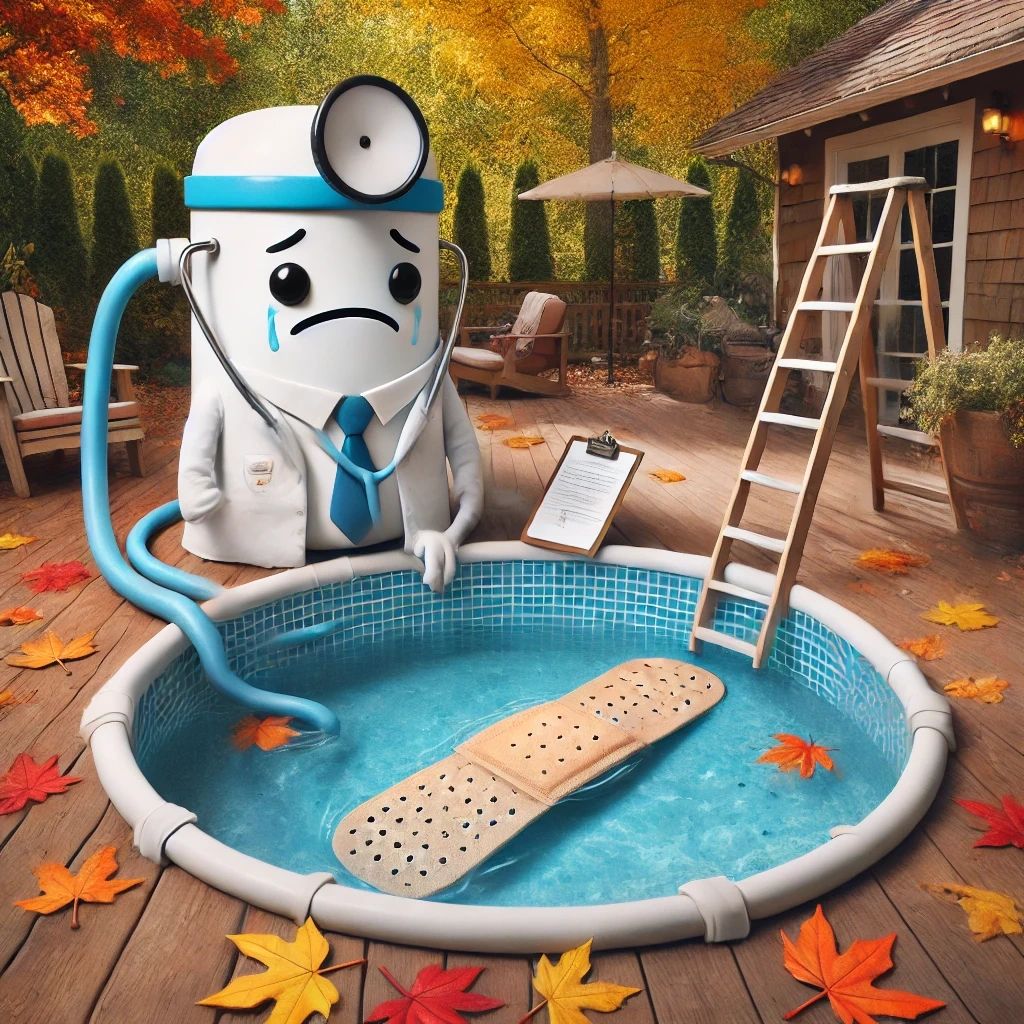 Whimsical autumn-themed image of a backyard pool undergoing a playful ‘medical check-up’ by a personified pool pump dressed as a doctor. The humorous scene features the pool with a giant band-aid, surrounded by colorful fall leaves, capturing the light-hearted spirit of seasonal pool maintenance. Whimsical autumn-themed image of a backyard pool undergoing a playful ‘medical check-up’ by a personified pool pump dressed as a doctor. The humorous scene features the pool with a giant band-aid, surrounded by colorful fall leaves, capturing the light-hearted spirit of seasonal pool maintenance.