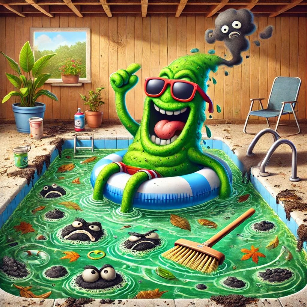 This fun and exaggerated cartoon-style image shows the chaos of a neglected pool. A goofy "algae monster" lounges on a pool float wearing sunglasses, enjoying the murky green water. Grumpy-faced black algae patches cling to the pool walls, while floating debris looks hilariously annoyed. A sad, forgotten pool brush sits in the corner, covered in cobwebs, while a dramatic "bad smell" cloud rises from the water. This playful yet eye-catching scene highlights the consequences of skipping pool brushing in a humorous way This fun and exaggerated cartoon-style image shows the chaos of a neglected pool. A goofy "algae monster" lounges on a pool float wearing sunglasses, enjoying the murky green water. Grumpy-faced black algae patches cling to the pool walls, while floating debris looks hilariously annoyed. A sad, forgotten pool brush sits in the corner, covered in cobwebs, while a dramatic "bad smell" cloud rises from the water. This playful yet eye-catching scene highlights the consequences of skipping pool brushing in a humorous way