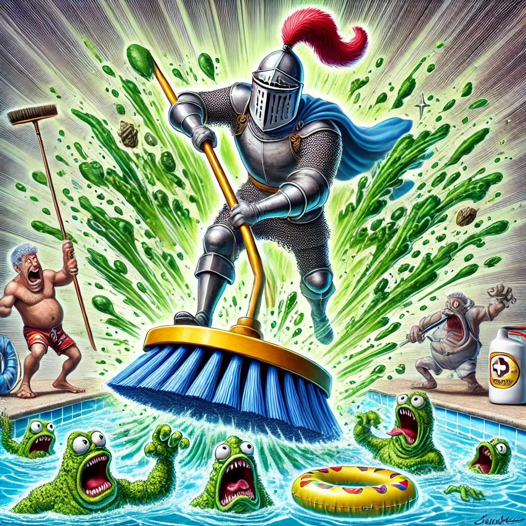 This unique and exaggerated cartoon-style image transforms pool maintenance into a legendary quest! A heroic pool warrior, dressed in medieval armor (but with pool gear), charges into battle wielding an oversized, glowing pool brush. Each powerful scrub sends dramatic sparkles flying, leaving the water crystal clear. Goofy green and black algae monsters flee in terror—some diving off inflatables, others clinging desperately to the walls. Meanwhile, pool cleaning tools like a vacuum, skimmer net, and test kit stand on the sidelines, cheering like an army of loyal sidekicks. This playful, action-packed scene makes proper pool cleaning feel like an epic adventure! This unique and exaggerated cartoon-style image transforms pool maintenance into a legendary quest! A heroic pool warrior, dressed in medieval armor (but with pool gear), charges into battle wielding an oversized, glowing pool brush. Each powerful scrub sends dramatic sparkles flying, leaving the water crystal clear. Goofy green and black algae monsters flee in terror—some diving off inflatables, others clinging desperately to the walls. Meanwhile, pool cleaning tools like a vacuum, skimmer net, and test kit stand on the sidelines, cheering like an army of loyal sidekicks. This playful, action-packed scene makes proper pool cleaning feel like an epic adventure!