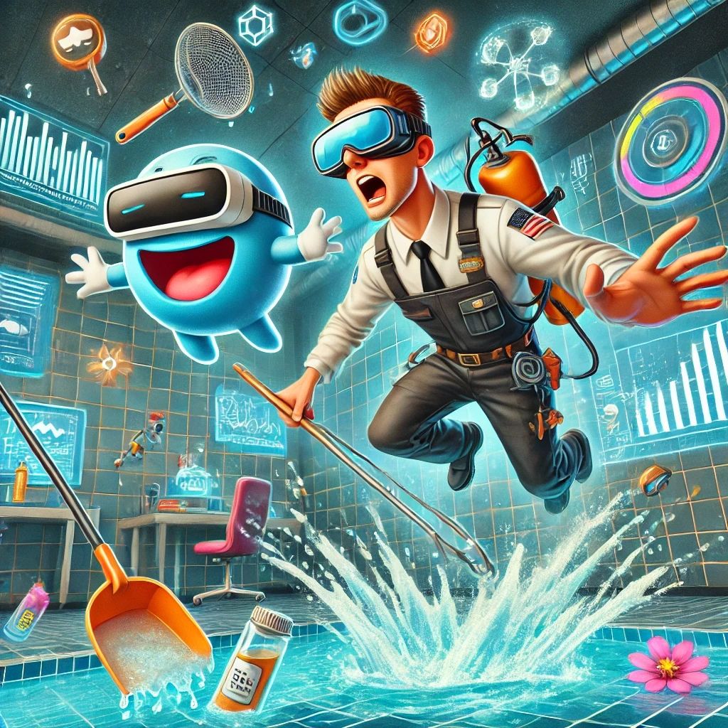 A new pool technician, wearing a uniform and oversized high-tech goggles, is hilariously floating mid-air inside a futuristic VR training room, flailing wildly while trying to grab a floating test kit. A smug AI assistant, shaped like a talking pool skimmer with sunglasses, projects holographic chemistry formulas while robotic arms juggle pool chemicals. A robotic chlorine dispenser zooms past, spraying water chaotically. The scene is vibrant, action-packed, and ridiculously fun, capturing the over-the-top chaos of AI-driven pool technician training. A new pool technician, wearing a uniform and oversized high-tech goggles, is hilariously floating mid-air inside a futuristic VR training room, flailing wildly while trying to grab a floating test kit. A smug AI assistant, shaped like a talking pool skimmer with sunglasses, projects holographic chemistry formulas while robotic arms juggle pool chemicals. A robotic chlorine dispenser zooms past, spraying water chaotically. The scene is vibrant, action-packed, and ridiculously fun, capturing the over-the-top chaos of AI-driven pool technician training.