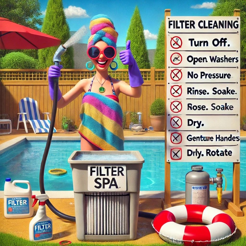Person comically cleaning a pool cartridge filter with hose and checklist while another filter soaks in a bin Person comically cleaning a pool cartridge filter with hose and checklist while another filter soaks in a bin