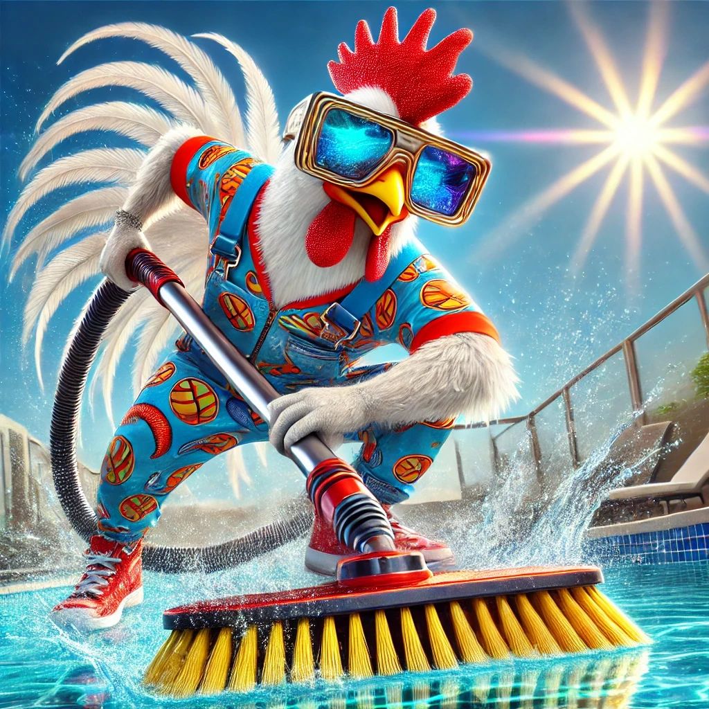 Rooster Ray, dressed in a flashy tropical jumpsuit with pool-themed patterns, is in full action mode, dramatically brushing the pool floor with an oversized telescopic brush. His oversized, futuristic reflective sunglasses add extra flair as water splashes everywhere, emphasizing the excitement of pool maintenance. The background features a crystal-clear pool shimmering in the sunlight, reinforcing the importance of proper brushing for a sparkling, algae-free pool. Playful, exaggerated, and action-packed—this image makes pool cleaning look as thrilling as a cannonball dive! Rooster Ray, dressed in a flashy tropical jumpsuit with pool-themed patterns, is in full action mode, dramatically brushing the pool floor with an oversized telescopic brush. His oversized, futuristic reflective sunglasses add extra flair as water splashes everywhere, emphasizing the excitement of pool maintenance. The background features a crystal-clear pool shimmering in the sunlight, reinforcing the importance of proper brushing for a sparkling, algae-free pool. Playful, exaggerated, and action-packed—this image makes pool cleaning look as thrilling as a cannonball dive!