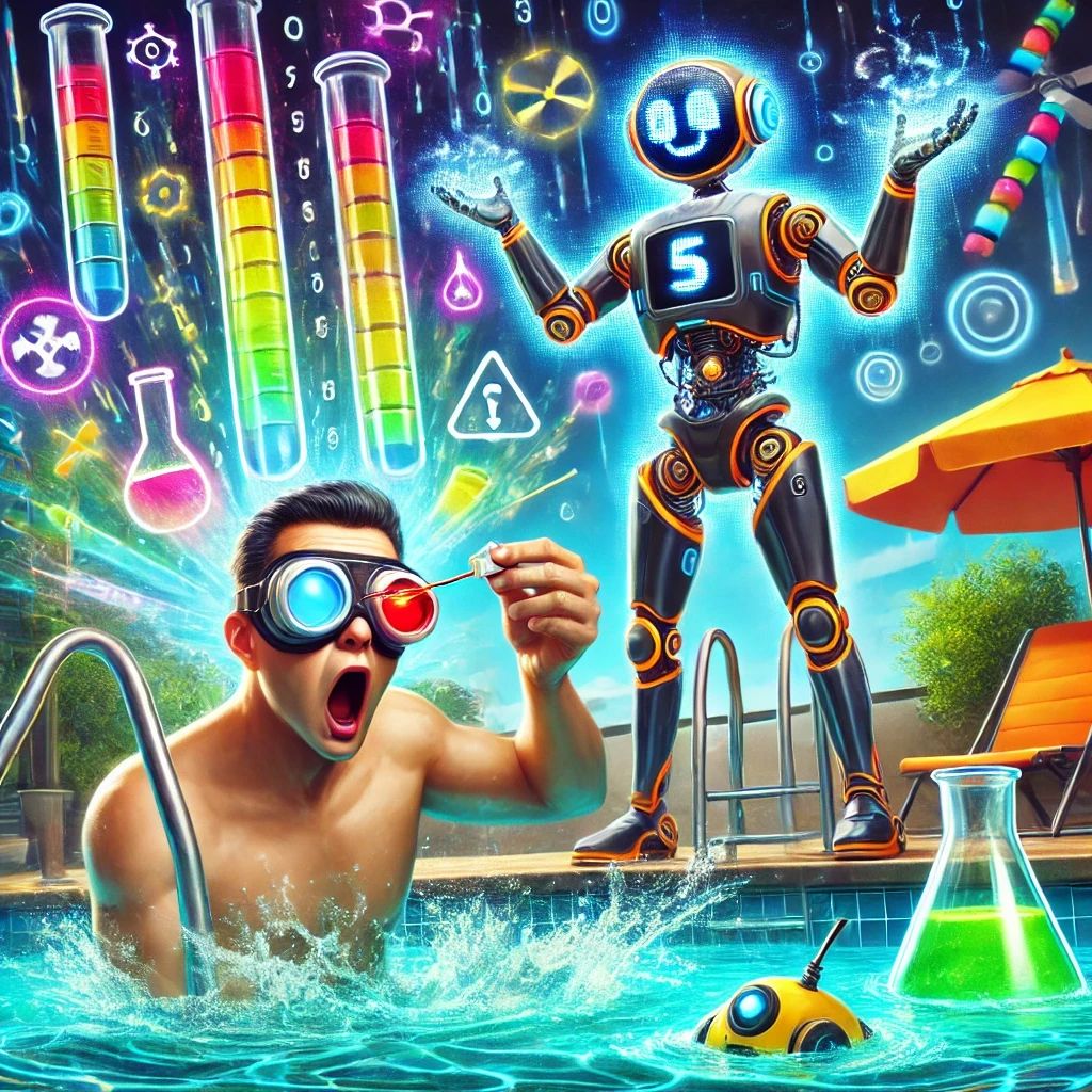 A futuristic pool technician, wearing comically oversized sci-fi goggles, dips a glowing test strip into the pool, only to be shocked as a smug holographic AI assistant projects an overwhelming explosion of animated chemical data. Meanwhile, robotic skimmers zoom chaotically, with one spraying water unexpectedly. The pool water shifts colors unpredictably—half crystal-clear, half mysteriously bubbling. The scene is vibrant, humorous, and action-packed, perfectly capturing the fun and occasional chaos of AI-driven pool maintenance. A futuristic pool technician, wearing comically oversized sci-fi goggles, dips a glowing test strip into the pool, only to be shocked as a smug holographic AI assistant projects an overwhelming explosion of animated chemical data. Meanwhile, robotic skimmers zoom chaotically, with one spraying water unexpectedly. The pool water shifts colors unpredictably—half crystal-clear, half mysteriously bubbling. The scene is vibrant, humorous, and action-packed, perfectly capturing the fun and occasional chaos of AI-driven pool maintenance.