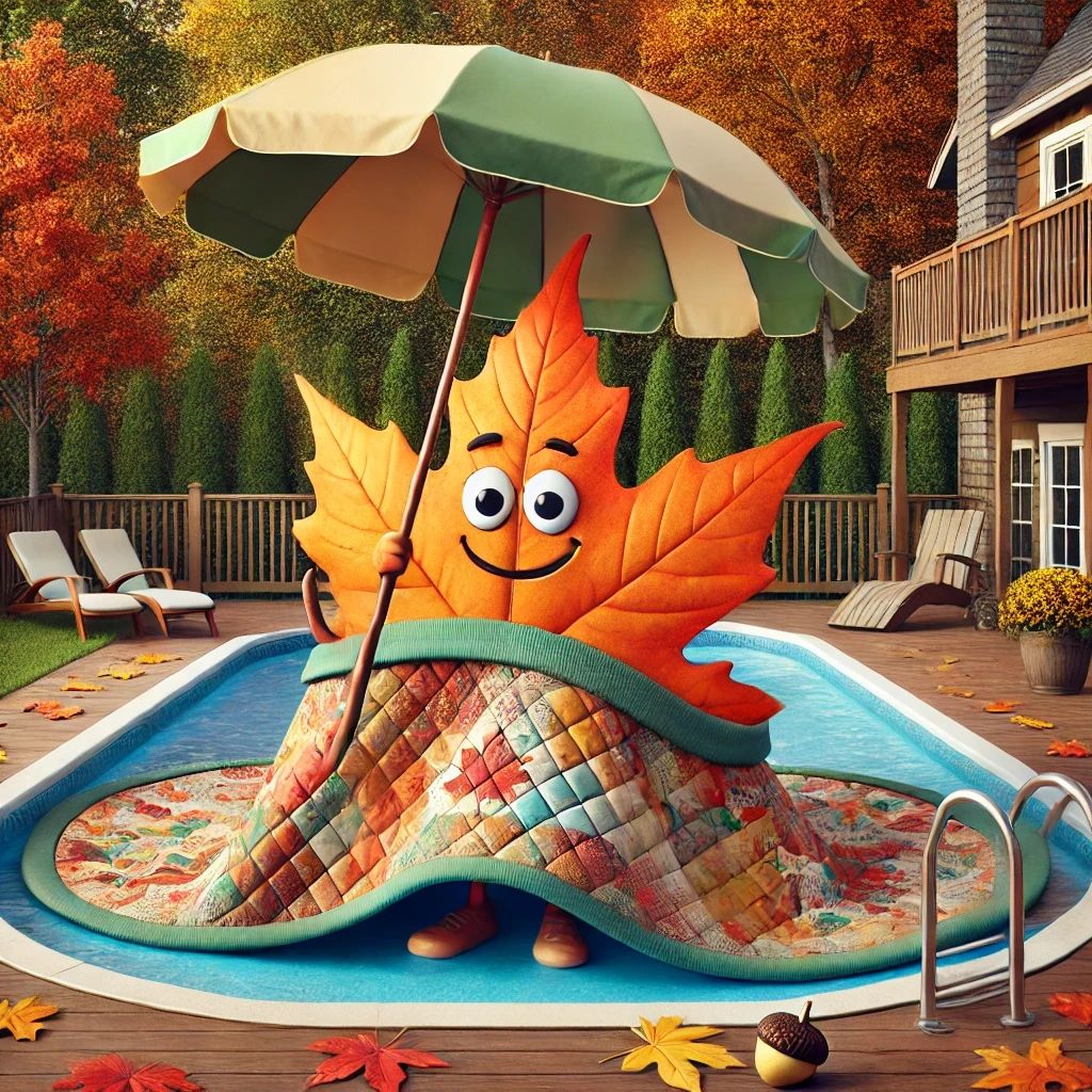 Autumn-themed image of a cozy in-ground pool wrapped snugly in its cover, preparing for the cooler weather. The scene captures the warm, playful spirit of fall, complete with falling leaves and a steaming cup of cocoa nearby, perfect for a seasonal blog on pool maintenance and preparation. Autumn-themed image of a cozy in-ground pool wrapped snugly in its cover, preparing for the cooler weather. The scene captures the warm, playful spirit of fall, complete with falling leaves and a steaming cup of cocoa nearby, perfect for a seasonal blog on pool maintenance and preparation.