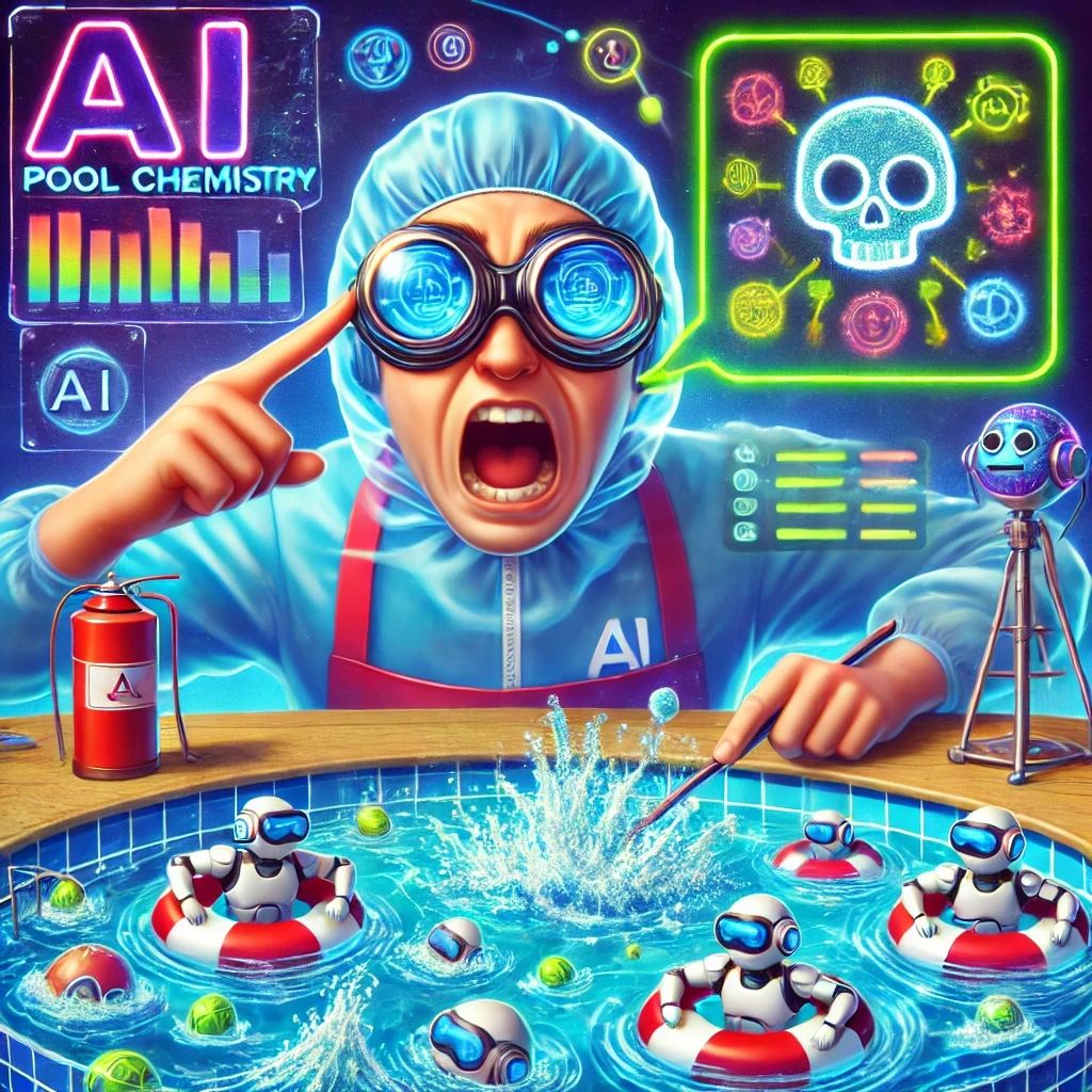 A futuristic pool technician, wearing comically oversized high-tech goggles, looks hilariously overwhelmed as a smug-looking holographic AI assistant bombards them with glowing, animated data about pool chemistry. The chaotic pool behind them is half crystal-clear, half disastrously foamy, while robotic skimmers zoom around wildly, trying to fix imbalances. The scene is colorful, energetic, and full of humor, perfectly capturing the fun and occasional madness of AI-driven pool maintenance. A futuristic pool technician, wearing comically oversized high-tech goggles, looks hilariously overwhelmed as a smug-looking holographic AI assistant bombards them with glowing, animated data about pool chemistry. The chaotic pool behind them is half crystal-clear, half disastrously foamy, while robotic skimmers zoom around wildly, trying to fix imbalances. The scene is colorful, energetic, and full of humor, perfectly capturing the fun and occasional madness of AI-driven pool maintenance.