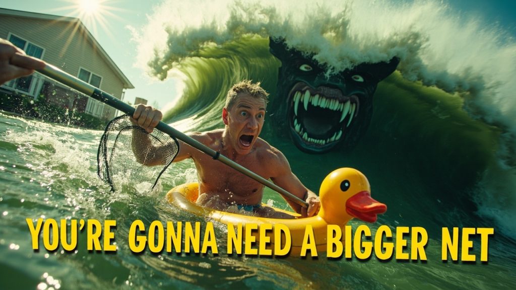 Why Your DIY Pool Service Strategy is Failing
An exaggerated, funny image of a person in a floatie being chased by a giant tidal wave of green pool sludge, representing the overwhelming negative stakes of DIY pool failure.