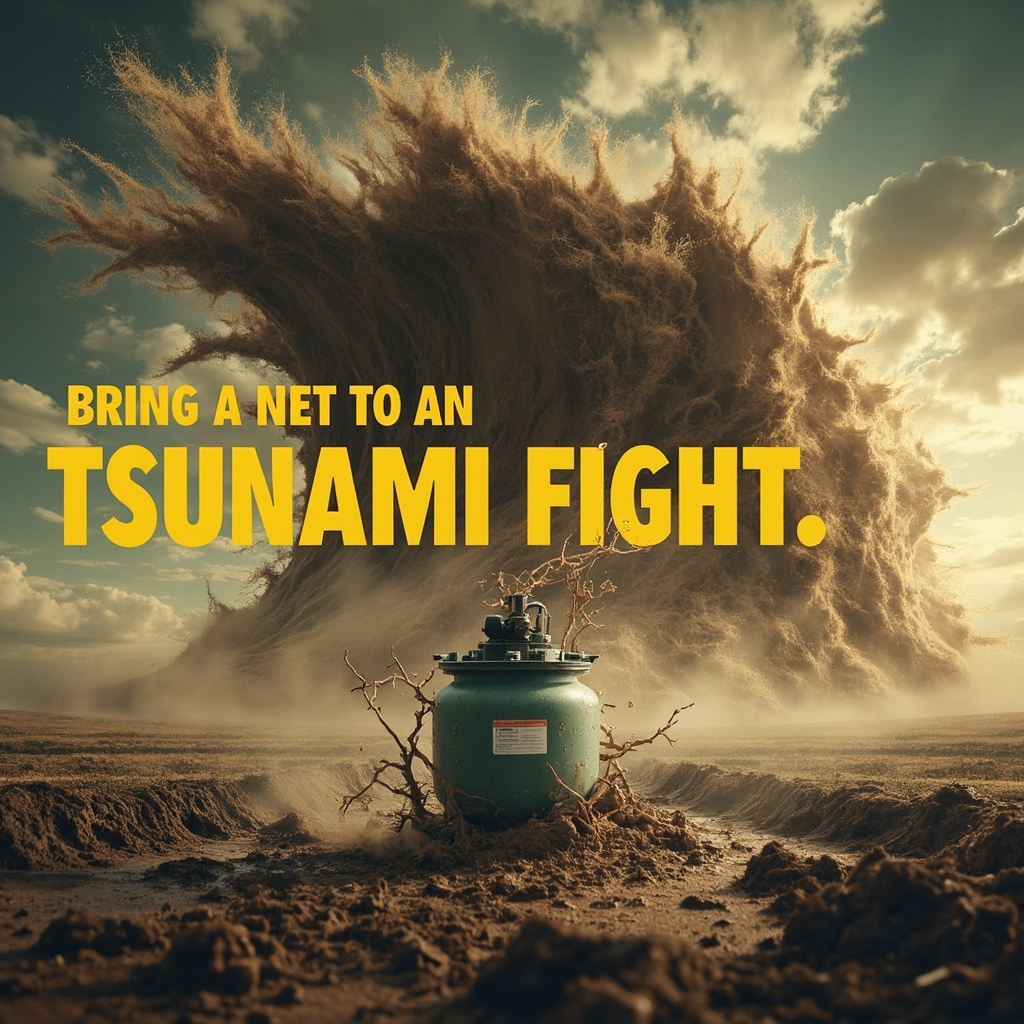 Why Your Pool Filter Can't Handle Agricultural Dust
A high-energy, exaggerated image of a tiny pool filter being completely obliterated by a massive tsunami of mud, a surreal metaphor for fighting agricultural dust with residential equipment.