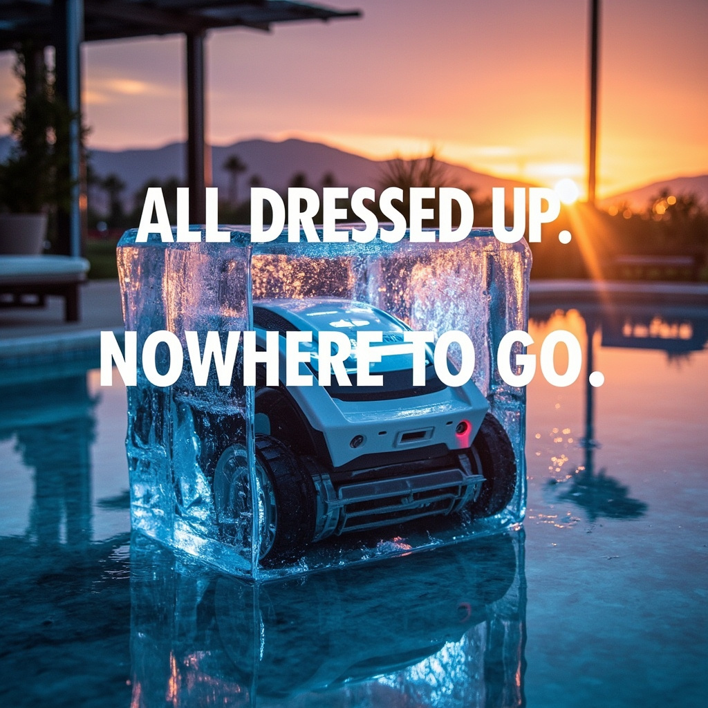 Your High-Tech Pool Equipment Might Be Useless
A surreal, high-impact image of a futuristic robotic pool cleaner completely frozen in a block of ice, delivering a 'Brutal Verdict' on equipment that isn't professionally optimized.