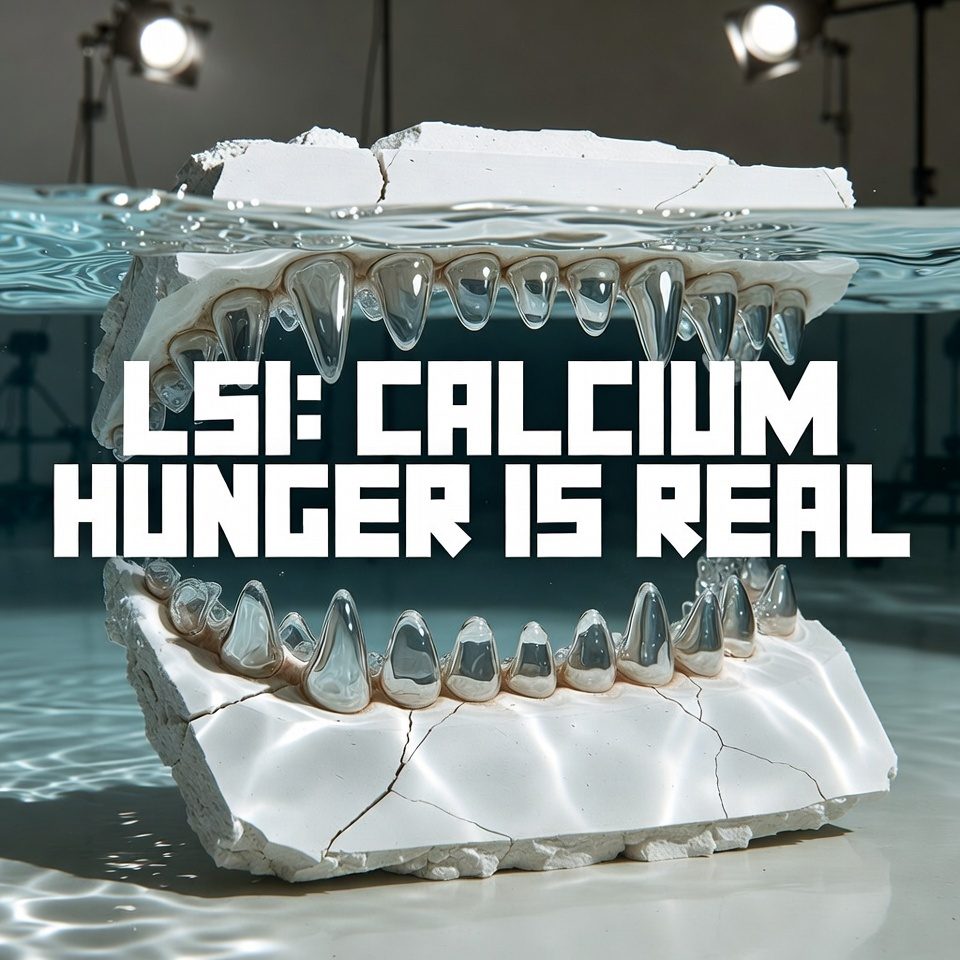 Langelier Saturation Index calcium hunger and plaster etching.
A hyper-realistic macro shot representing Langelier Saturation Index calcium hunger as water biting into pool plaster with technical detail.