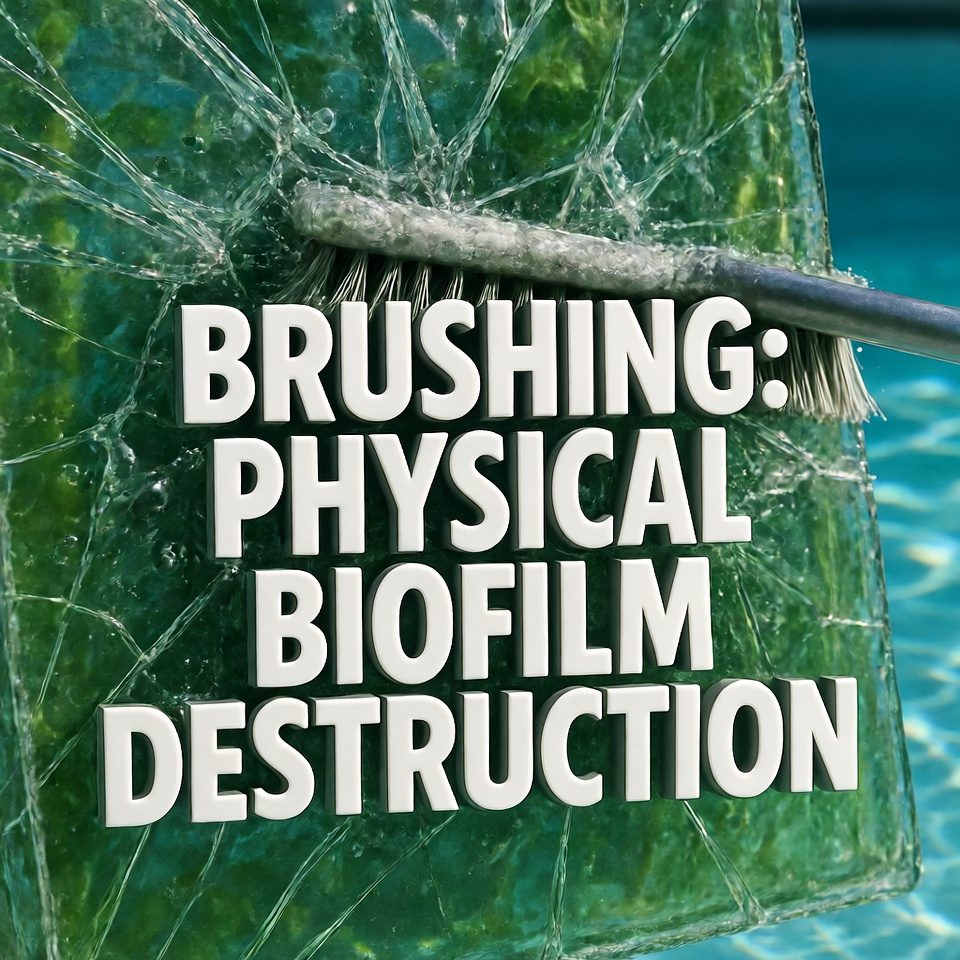 Physical destruction of the biofilm matrix pool brushing.
A cinematic, high-detail image of a pool brush shattering a green glass wall to illustrate the physical destruction of the biofilm matrix.
